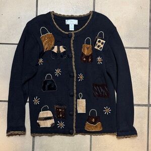 Vintage Lisa International Black Embroidered Cardigan with Handbag Design Medium